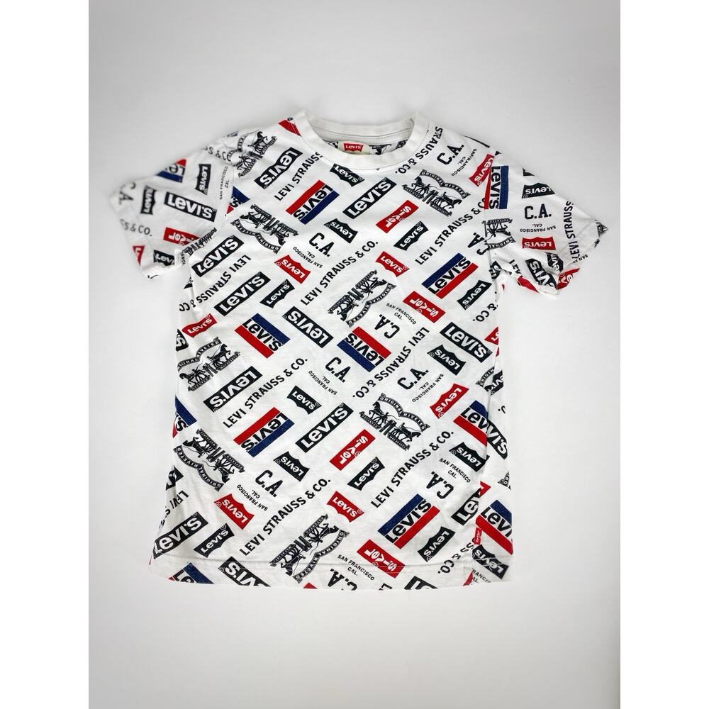 Levi’s Big Boy Logo White T-Shirt All Over Graphic Print Sz S Retro Style